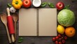 © Blind  - Open recipe book, kitchen utensils and fresh products on wooden table, closeup. Space for text, Food & Culinary