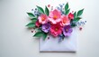 © miss irine - White envelope overflows with pink purple flowers and green leaves. Bright floral arrangement on white paper. Craft card with bloom elements for celebration.