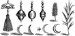 © Artem - Vintage engraved macrame tassels and beaded ornaments sheet with crescent moons stars and botanical accents for craft design and decorative background