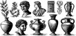 © Artem - Vintage engraved sheet of classical vases urns and busts with ornamental pottery elements for antique decor, label design and museum style background