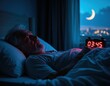 © miss irine - Elderly man awake in bed at night time. Digital clock shows 03 45 am. Sleepless senior person with anxiety suffers from sleep disorder in dark bedroom.