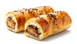 © bgdaeng - Freshly baked golden brown sausage rolls sprinkled with black sesame seeds isolated on white background for bakery menu design