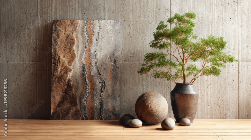 Decorative display with a stone feature, rocks, and a plant in a modern ...