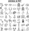 © roro - Animal and Pet Supplies Line Art Icons Set - Hand-Drawn Collection of Domestic Animals, Care Equipment, Food, Toys, and Grooming Accessories