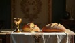 © Vadym - Golden chalice and two loaves of bread on a table. This scene symbolizes the sacrament of communion, holy meal, and Christian faith rituals. It represents spiritual nourishment and devotion.