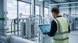 © Haruto - Industrial operator monitoring hydrogen production facility control panel, clean energy manufacturing, sustainable fuel technology, factory automation, chemical processing plant,