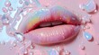 © Fauzi - Glossy Pink Lips with Iridescent Droplets. Perfect for cosmetic advertising, lip gloss campaigns, skincare branding