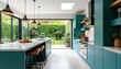 © Vadym - Modern teal kitchen extension opens to garden. Island with stools and breakfast bar connects to outdoor patio seating. Sleek cabinets and appliances blend style and function.
