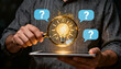 © Nelover - Businessman Holding Magnifying Glass with Glowing Light Bulb and Question Marks Representing Problem Solving and Innovation Concept