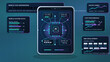 © Антон Сальников - Dark mobile chip engineering dashboard with smartphone AI processor core, signal bus, SMD component panels, performance charts and neon circuitry.