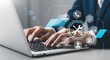 © Amir Hmza - Professional hands typing on a laptop keyboard, engaging with a futuristic digital interface displaying various IT support service icons.