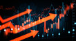 © ImageFlow - Dynamic financial trading chart with rising red arrows and illuminated market indicators depicting upward economic movement and future investment trend.