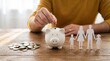 © Malik Hammad  - Person inserting coin into piggy bank with paper family cutout figures on wooden table for family financial security and future savings planning concept