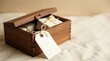© wichit - A wooden box with a hinged lid rests on a soft, neutral-colored surface, containing several small, wrapped presents tied with natural twine, and a blank tag is attached for personalized messaging.