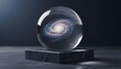 © antuanetto - Cosmic spiral galaxy contained within a crystal glass sphere on a marble pedestal for International Space Day concept, exploring the mystery of the universe and astronomy