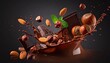 © ruangrit19 - Dark chocolate bars with fresh hazelnuts and roasted almonds falling into liquid chocolate splash isolated on a black background.