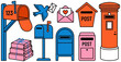 © John - Collection of diverse colorful mailboxes parcels and a bird carrying an envelope depicting postal and delivery services postbox letter postal service communication package