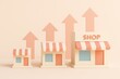 © DreamStock - Three small 3d shop buildings with striped awnings increasing in size with large peach colored arrows pointing upwards on a light peach background