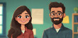 © sommersby - Warm and inviting digital illustration showcasing smiling diverse couple, featuring bearded man in glasses and freckled woman in plaid, set against blurred indoor background, perfect for educational o