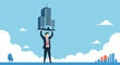 © Charles - Strong corporate businessman lifting a giant office building over his head to show professional power and skill.
