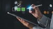 © SABYDA - Person holding tablet and stylus with digital checkboxes on screen hands
