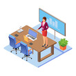 © Sughra - Meeting room in a business center office and female manager. Modern conference hall, preparation for formal event, corporate consultation or employee discussion. Vector flat style cartoon illustration