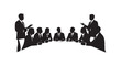 © mk - Business people meeting silhouette vector illustration showing corporate team during professional negotiation dialogue.