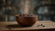 © Bussakon - Fresh roasted coffee beans spill from a wooden bowl generating a magical burst of energy and rich aroma on a rustic surface