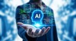 © Budi - Programmer hand holding AI agent hologram. Artificial intelligence software projects code generation network for intelligent application development, automated test analysis, and system workflow.