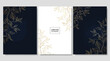 © S.Siam - Set of elegant wedding invitation cards with golden botanical leaves on dark blue and