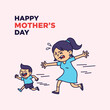 © MDISMAIL - Happy mothers day cartoon illustration featuring tired mother chasing energetic young son who runs away laughing. flat line art style vector character design depicting motherhood struggles