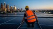 © haemye - Professional worker checks solar panels on city rooftop at dusk. Worker in hard hat and vest inspects energy system against skyline. Renewable tech.