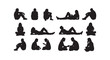 © vimi - Collection of people silhouettes sitting on ground in various casual poses isolated on plain white background set.