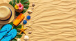 © Irhama - Tropical summer vacation flat lay on sand, beach accessories with coconut cocktail and palm leaves, sunny travel background with copy space