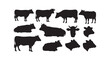 © vimi - Set of black cow silhouettes displaying different poses and positions for farm agriculture and livestock branding.