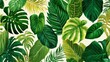 © valeo5 - Vibrant tropical leaves pattern featuring a variety of exotic foliage like monstera and palm fronds in rich green and lime hues, hand-painted watercolor style on a clean light cream background