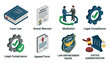 © Kenn - Collection of isometric icons representing legal and justice system concepts, including case law, arrest warrant, mediation, and law enforcement.