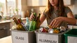 © Kaff - Young Woman Sorting Recyclables: Glass, Aluminum, and Plastic