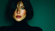 © Surf_Glow - Dark Bob Hair Woman One Green Eye Freckle Rose Lip Turtleneck Teal Background Portrait