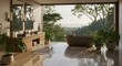 © Saroh - Intérieur de salle de bain moderne avec une grande fenêtre donnant sur un paysage verdoyant luxuriant