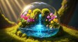 © Saroh - Un monde miniature à l'intérieur d'une sphère de verre avec une cascade et des fleurs éclatantes