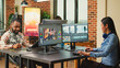 © DC Studio - Professional artist working on film footage design with retouching software, using monitors in agency office. Post production house creative editor creating audio and video montage.