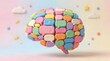 © la - A 3D illustration of a brain composed of multicolored, irregularly shaped pieces, against a pastel background with stars and clouds