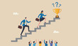 © Mst Amina - Business competition flat design with clean lines and minimal shading. teams together businessman and businesswoman walk stair compete trophy.