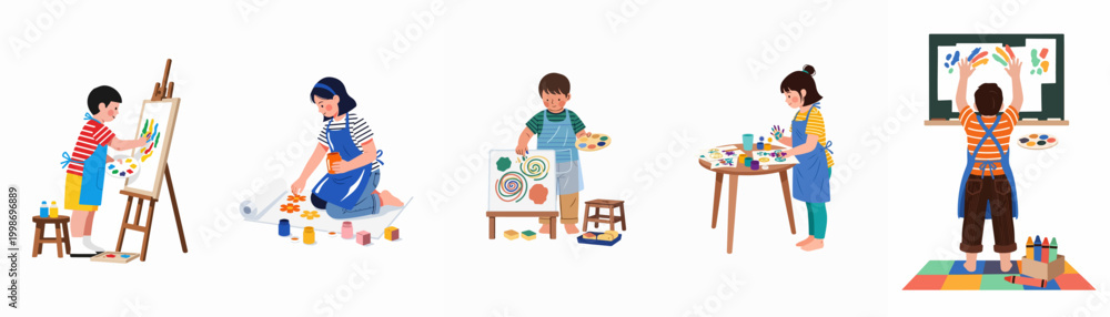 Set of diverse children engaged in various art activities like painting ...