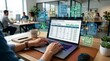 © AIPERA - Accountant reviewing payroll spreadsheet with neon financial management icons floating above laptop screen. Salary processing, accounting software, tax compliance, income reporting.
