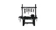 © Abdul - A workbench displays a vise and an assortment of tools hanging on a rack above.
