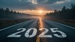 © SwathiFX - Road to 2025 Concept with Sunrise and Foggy Landscape