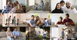 © fizkes - Parents and children, couples of different ages, races and cultures enjoying leisure time, activity, entertainment at home together, dancing, playing, posing for portrait, having fun. Multiple collage