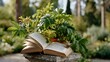 © inspiretta - Open book rests beside green leafy plant in garden. Soft sunlight illuminates rustic stone pedestal